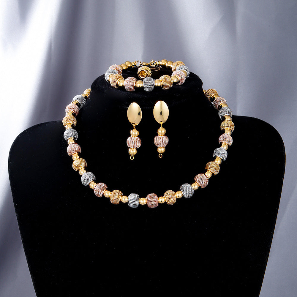 5Pcs Metallic Beaded Jewelry Set – Two-Tone Gold Beads Necklace, Earrings & Bracelets