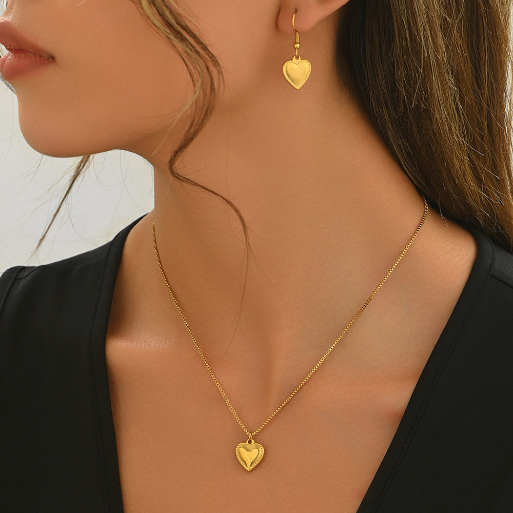 Luxury 18K Gold Plated Puffy Heart Necklace and Earrings Set – Waterproof