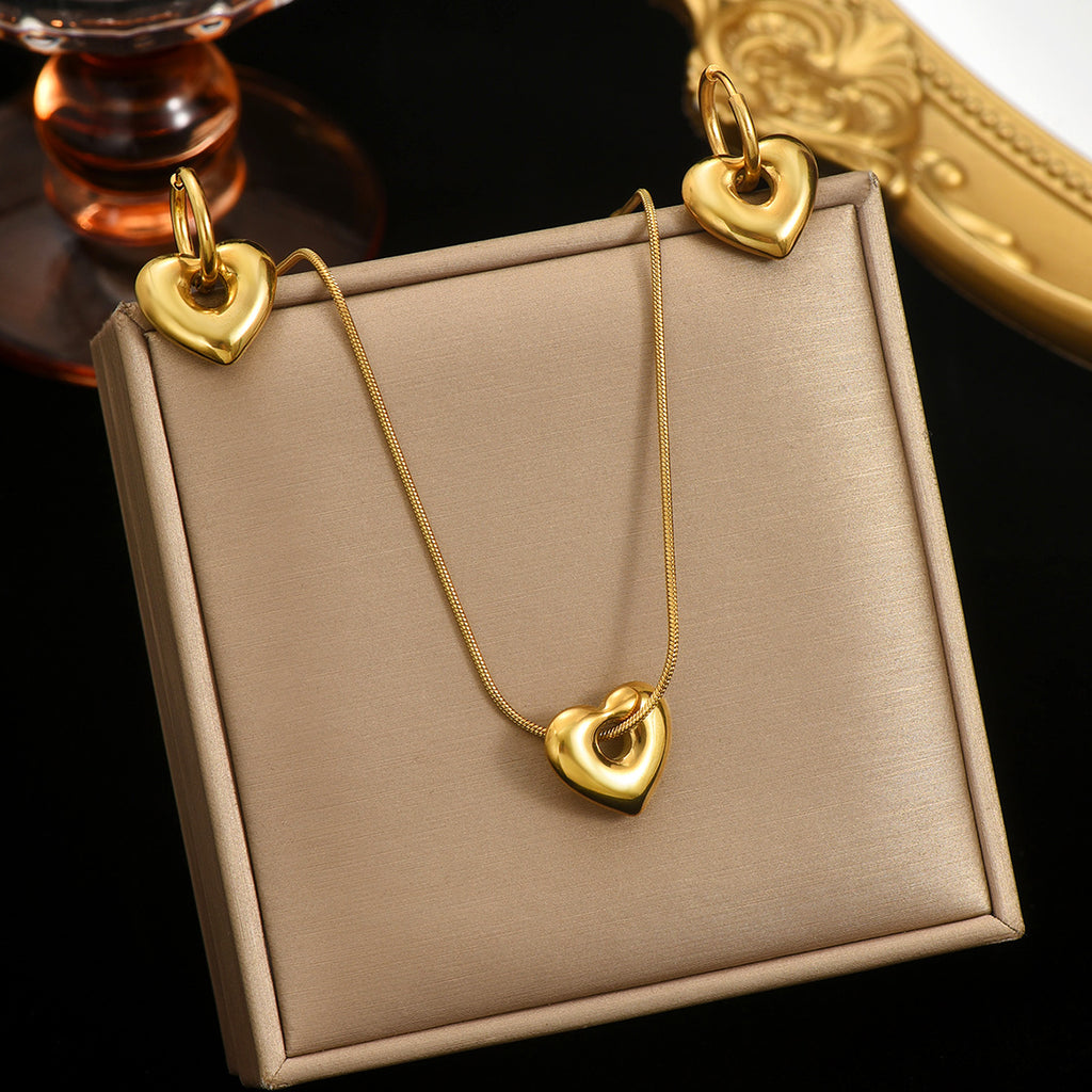 Luxury 18K Gold Plated Stainless Steel Heart Pendant Necklace & Hoop Earrings Set – Waterproof