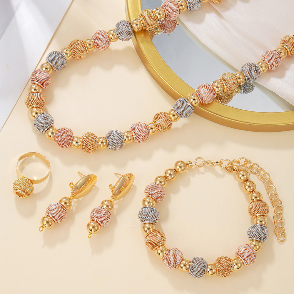 5Pcs Metallic Beaded Jewelry Set – Two-Tone Gold Beads Necklace, Earrings & Bracelets