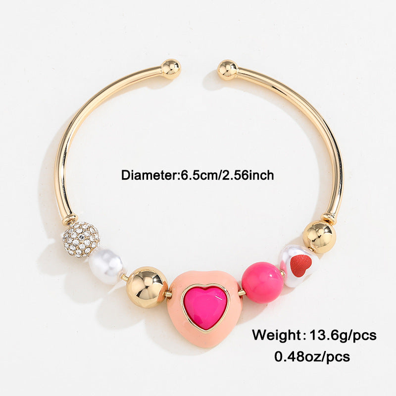 Fashion Heart & Peach Pearl Bracelet Set – Original Design