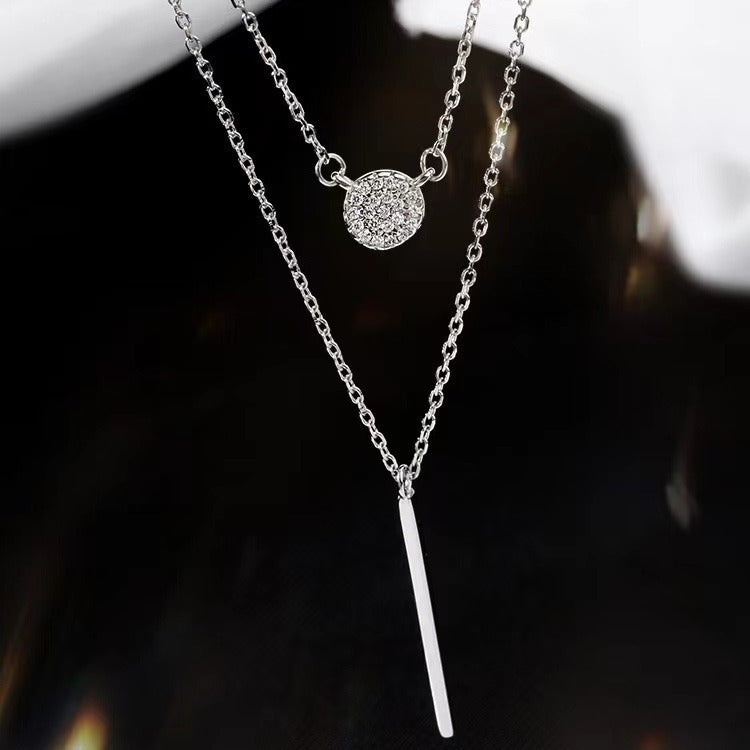 S925 Sterling Silver Double Chain Long Stick & Zircon Round Pendant Necklace