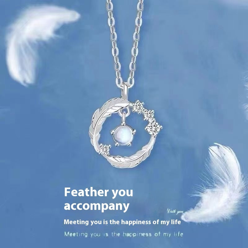 925 Silver-Plated Feather Pendant Necklace with Moonstone Bead