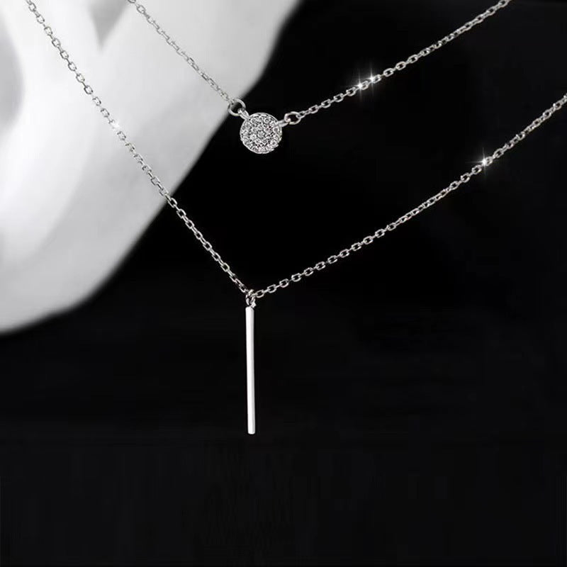S925 Sterling Silver Double Chain Long Stick & Zircon Round Pendant Necklace