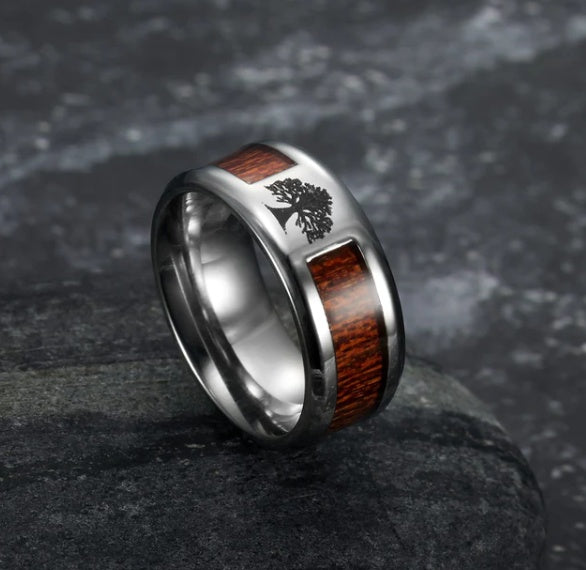 Asgard Handcrafted Stainless Steel Celtic Tree of Life Wedding Ring – Wood Inset Design
