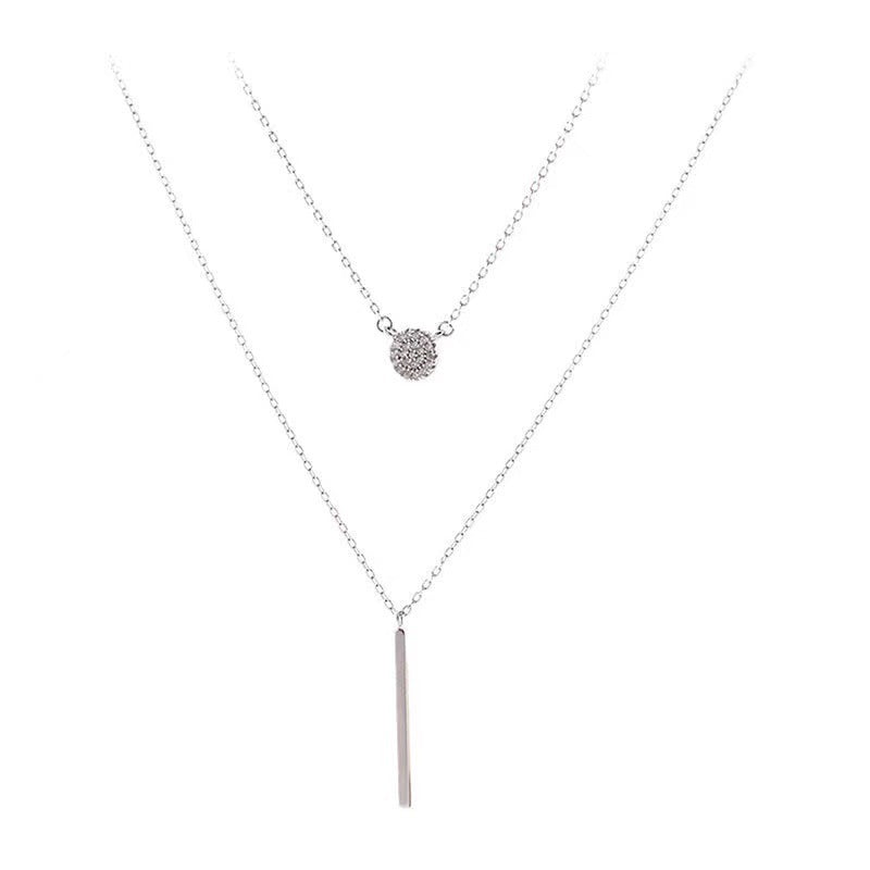 S925 Sterling Silver Double Chain Long Stick & Zircon Round Pendant Necklace