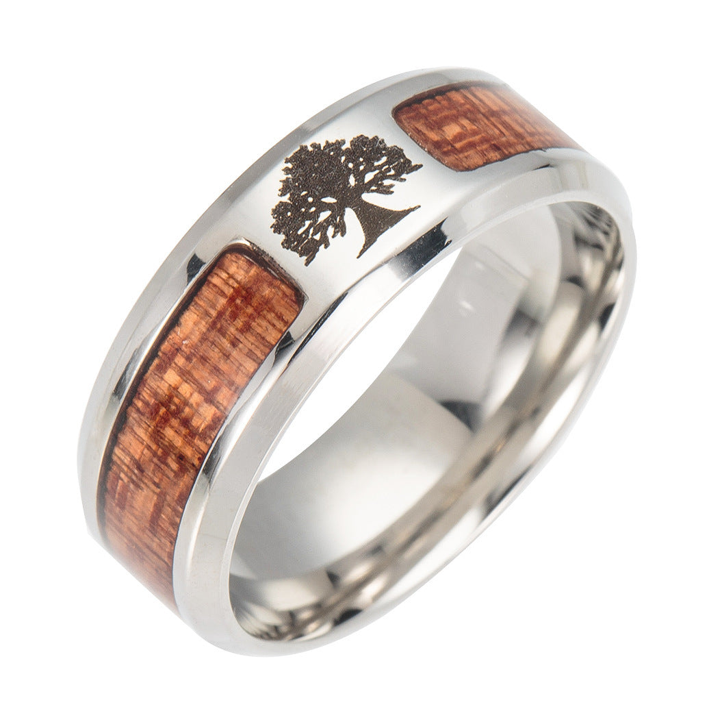 Asgard Handcrafted Stainless Steel Celtic Tree of Life Wedding Ring – Wood Inset Design
