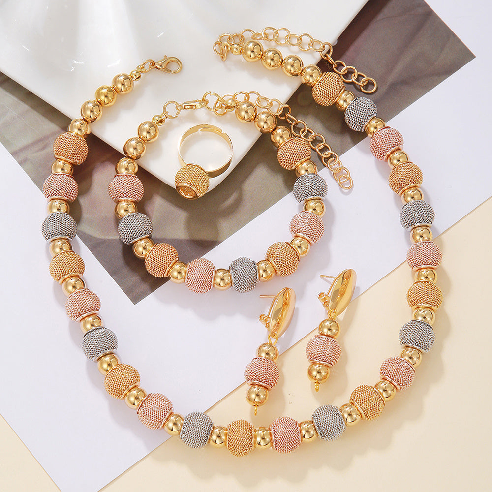 5Pcs Metallic Beaded Jewelry Set – Two-Tone Gold Beads Necklace, Earrings & Bracelets