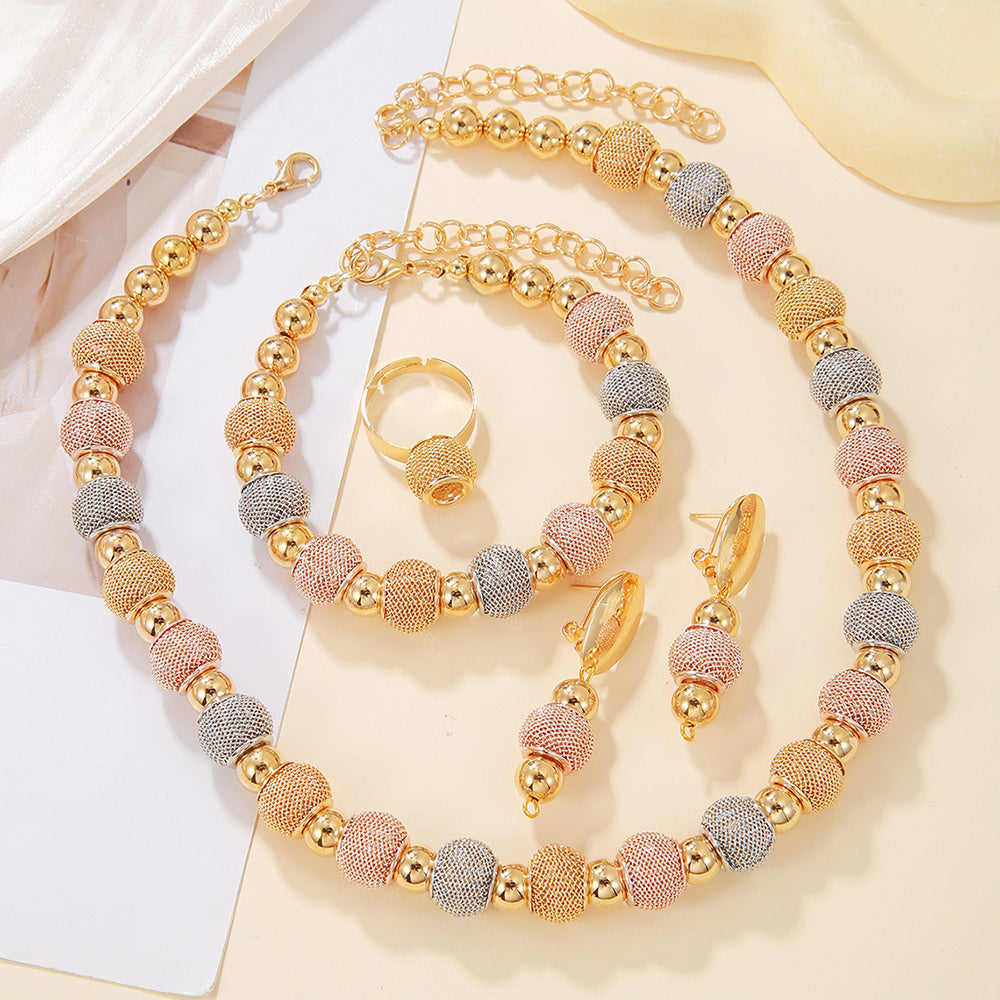 5Pcs Metallic Beaded Jewelry Set – Two-Tone Gold Beads Necklace, Earrings & Bracelets