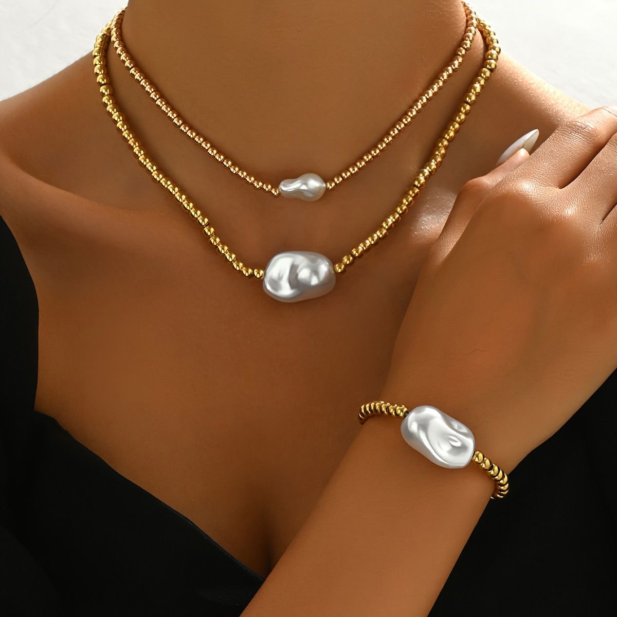 Luxury Gold Electroplated Layered Jewelry Set – Handmade Necklace & Bracelet