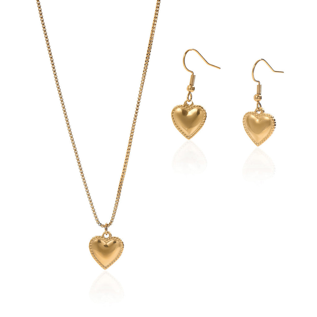 Luxury 18K Gold Plated Puffy Heart Necklace and Earrings Set – Waterproof
