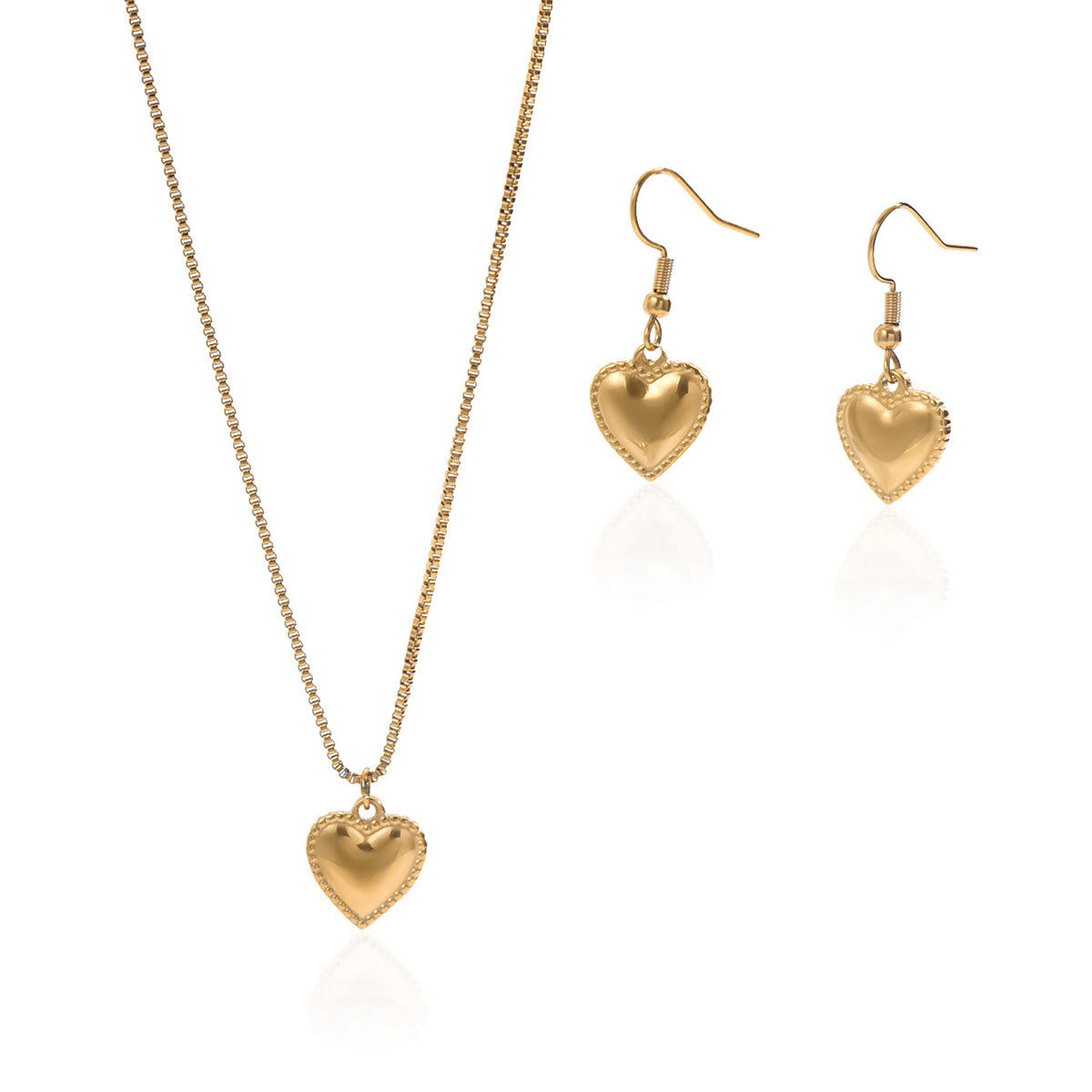 Luxury 18K Gold Plated Puffy Heart Necklace and Earrings Set – Waterproof