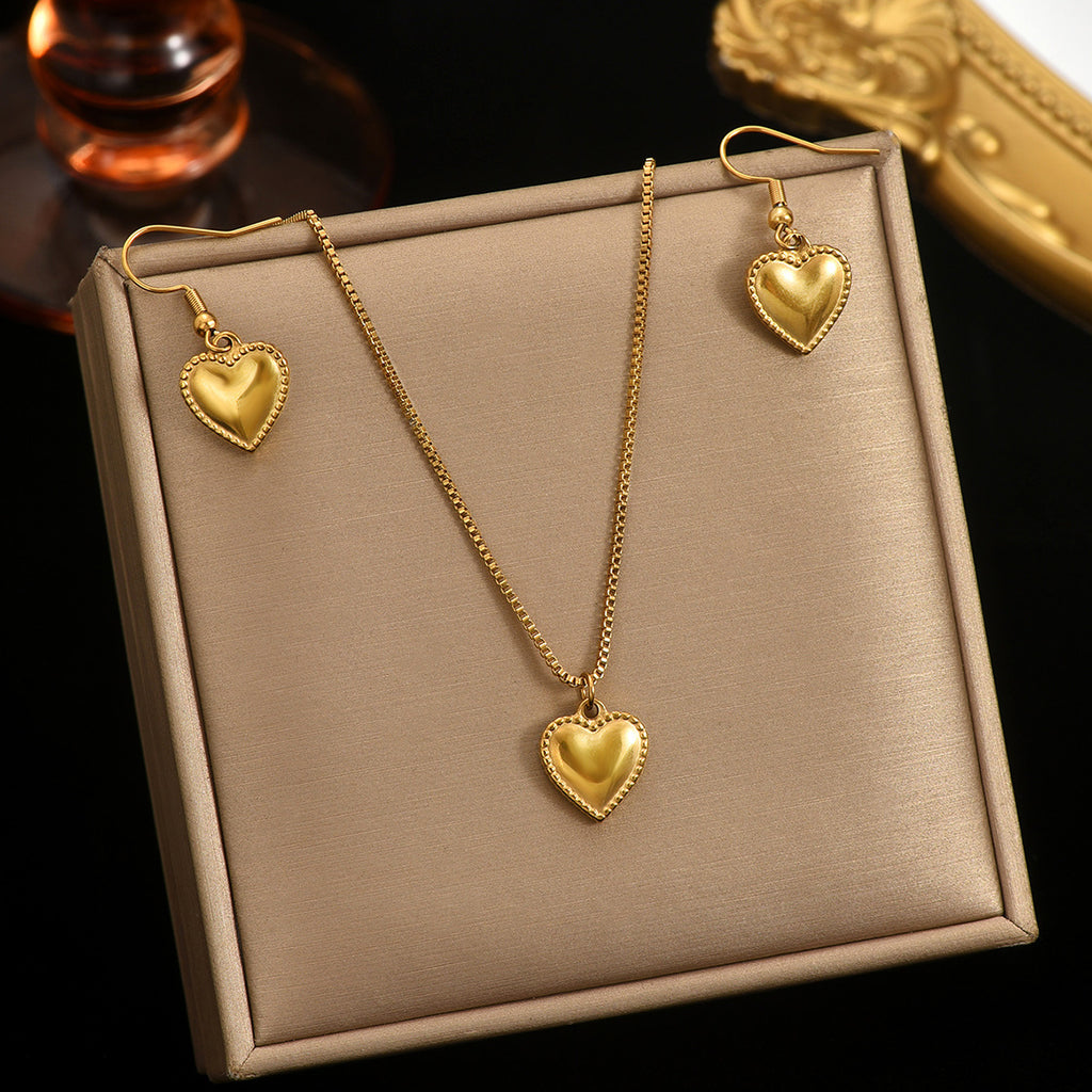 Luxury 18K Gold Plated Puffy Heart Necklace and Earrings Set – Waterproof