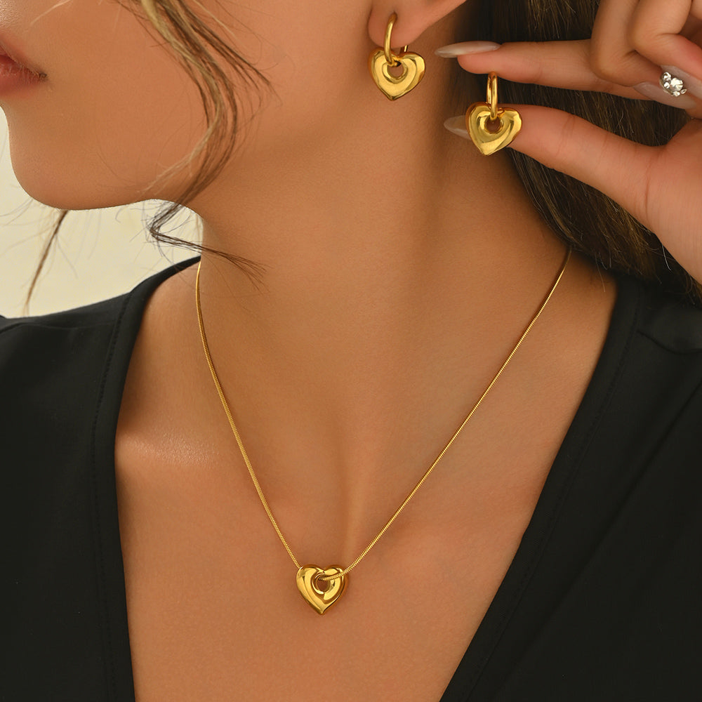 Luxury 18K Gold Plated Stainless Steel Heart Pendant Necklace & Hoop Earrings Set – Waterproof